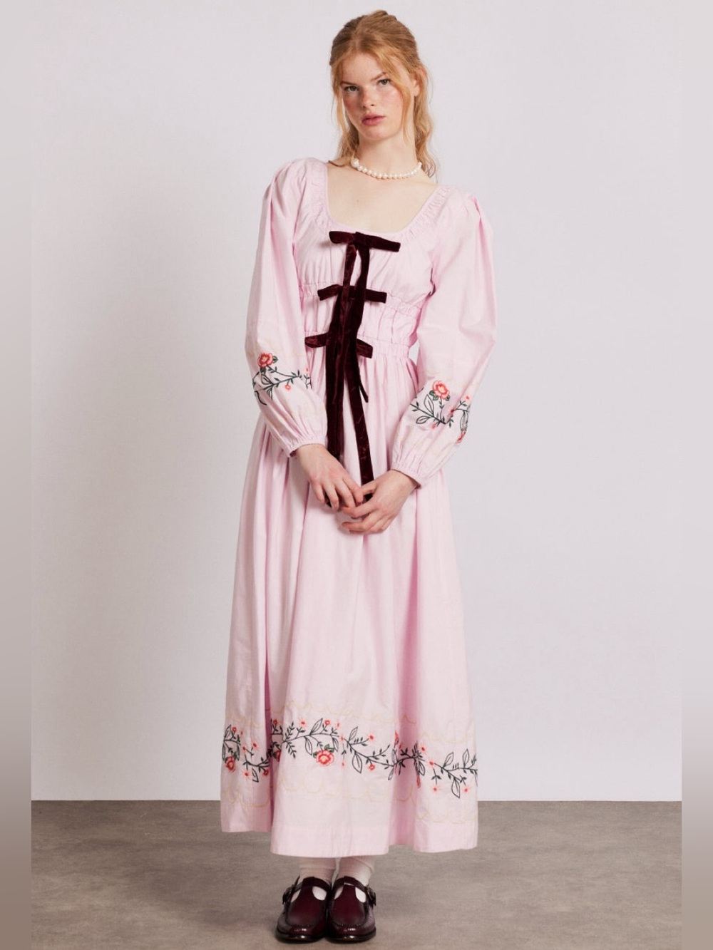 EUC Damson Madder Dakota bow dress pink with floral embroideries size US 6/UK 10